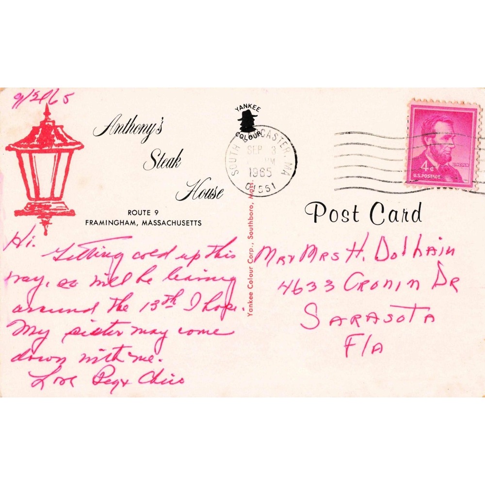 Vintage 1965 Anthony's Steak House Framingham Massachusetts Postcard Route 9 MA - Picture 2 of 2